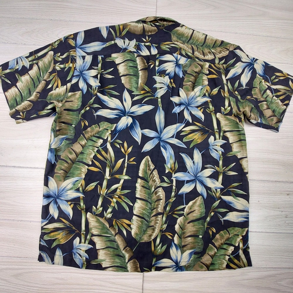 Tommy Bahama Camp Shirt Mens Large Navy Blue Silk Tropical Palm Leaf Floral - Picture 3 of 7